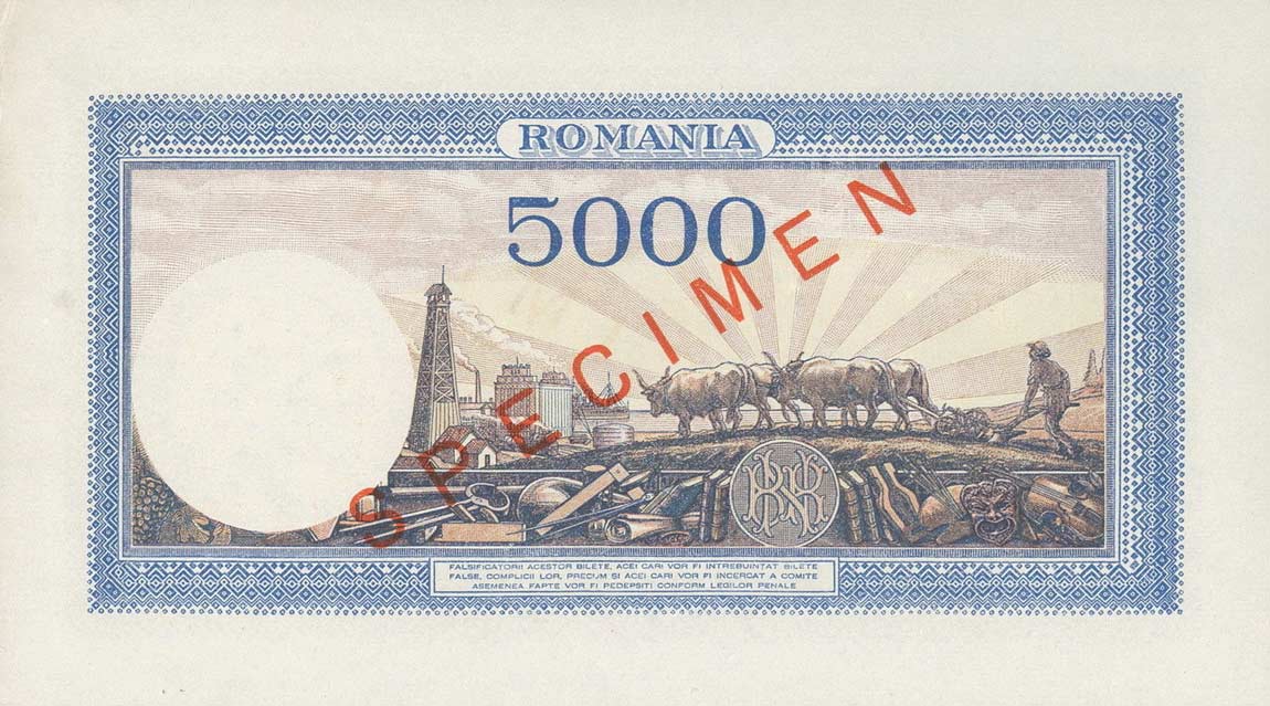 Back of Romania p55s: 5000 Lei from 1943