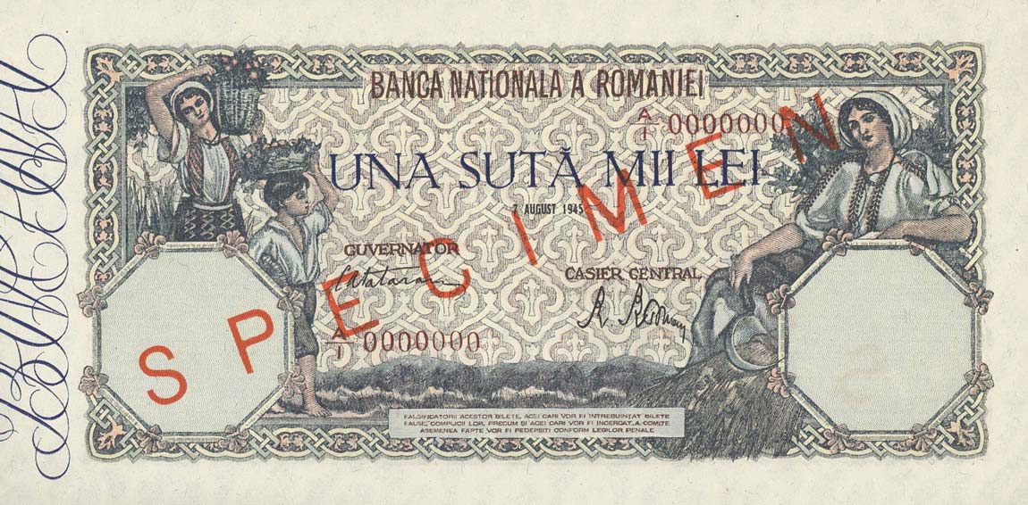 Front of Romania p58s: 100000 Lei from 1945