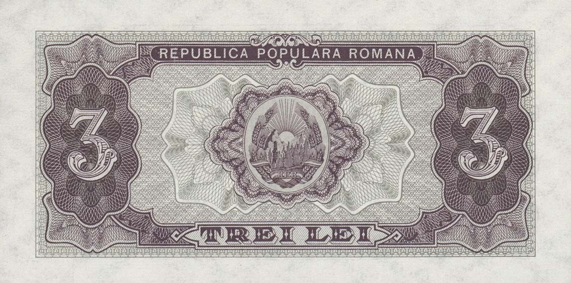 Back of Romania p82a: 3 Lei from 1952