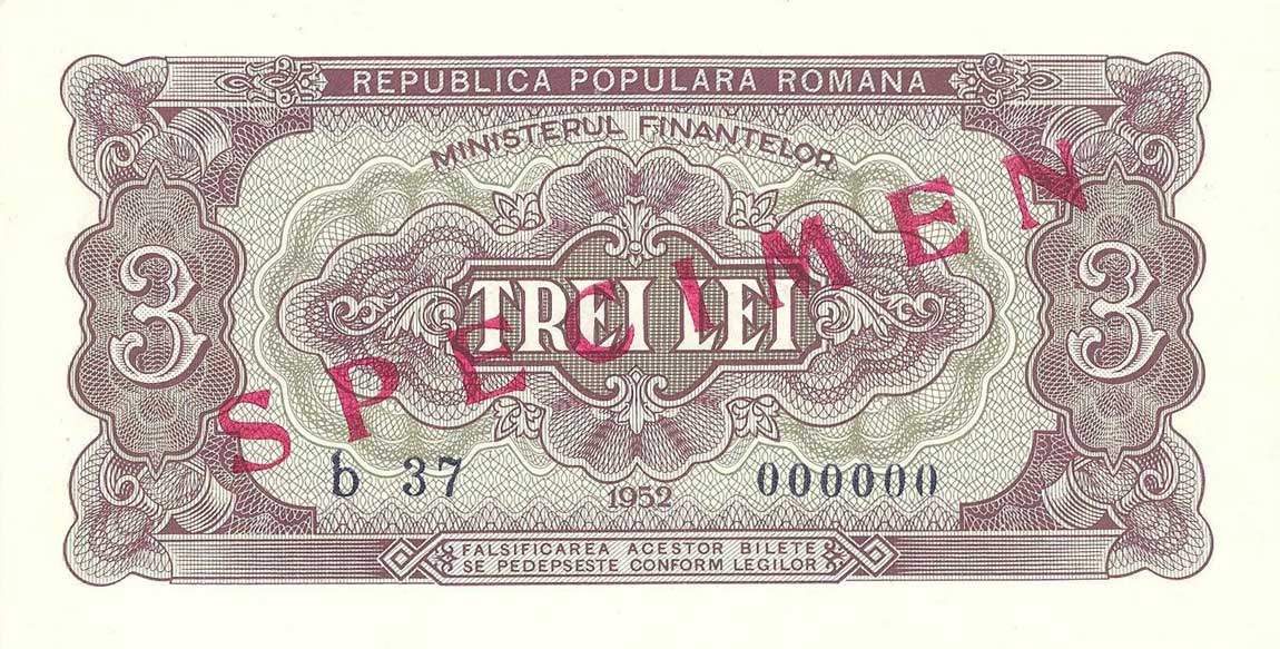 Front of Romania p82s: 3 Lei from 1952