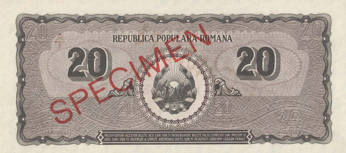 Back of Romania p84s: 20 Lei from 1950