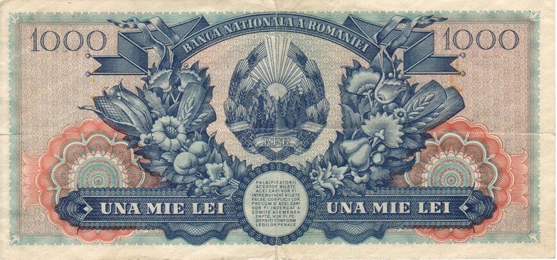 Back of Romania p85a: 1000 Lei from 1948