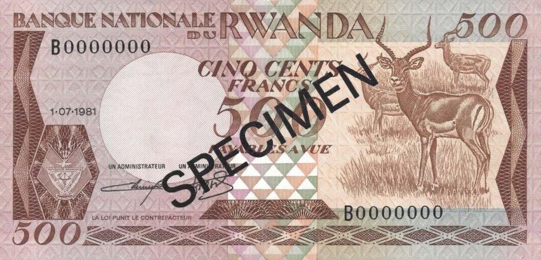 Front of Rwanda p16s: 500 Francs from 1981