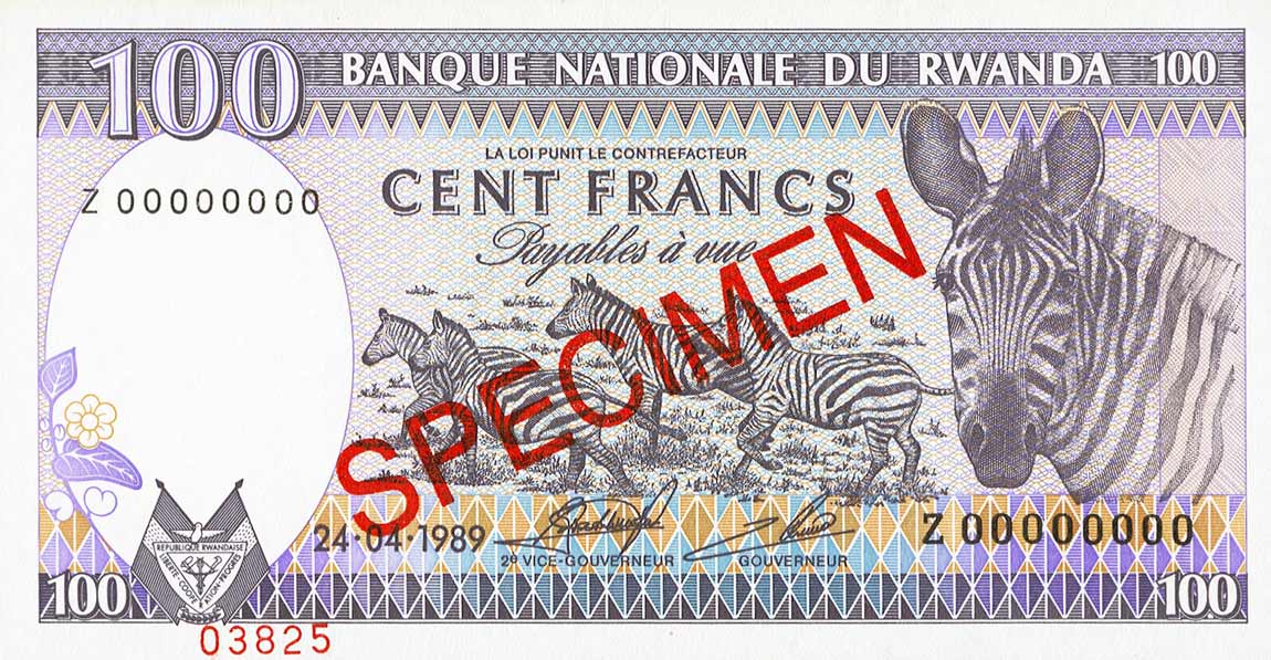 Front of Rwanda p19s: 100 Francs from 1989