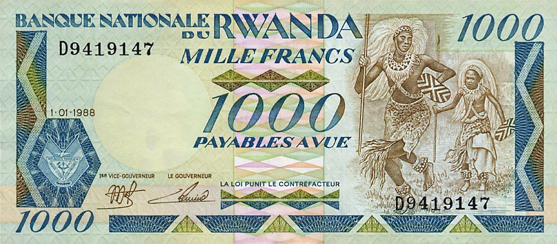 Front of Rwanda p21a: 1000 Francs from 1988