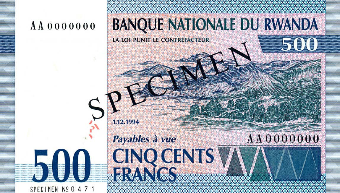Front of Rwanda p23s: 500 Francs from 1994