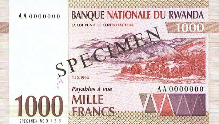 Front of Rwanda p24s: 1000 Francs from 1994