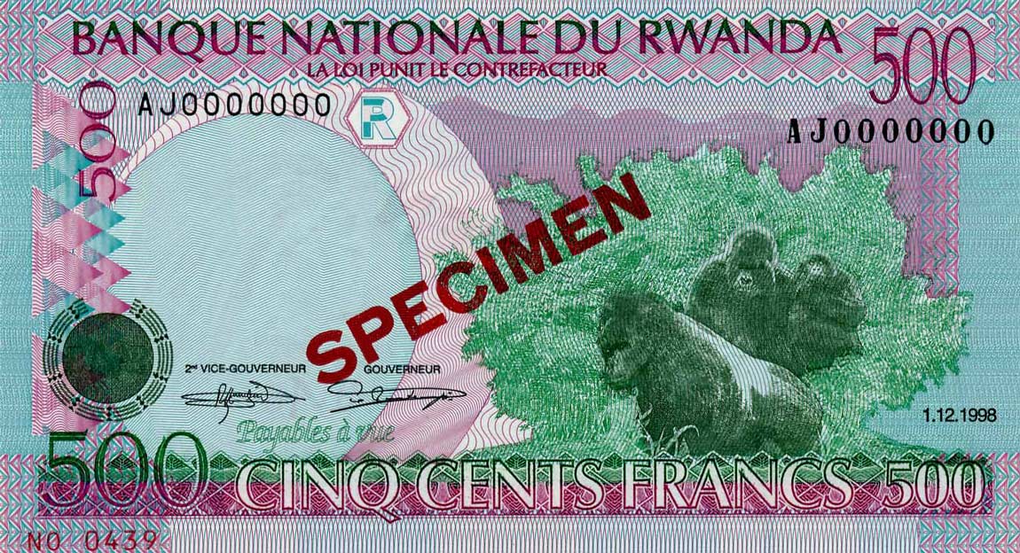 Front of Rwanda p26s: 500 Francs from 1998