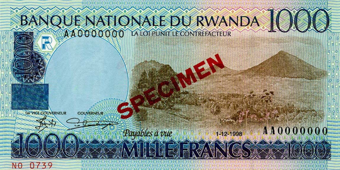 Front of Rwanda p27s: 1000 Francs from 1998