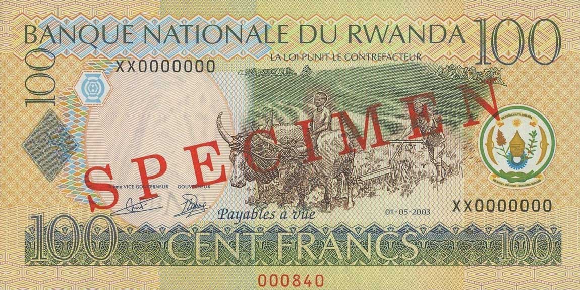 Front of Rwanda p29s: 100 Francs from 2003