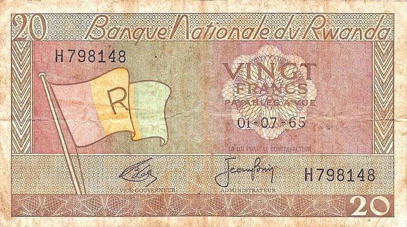 Front of Rwanda p6b: 20 Francs from 1965