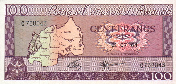 Front of Rwanda p8a: 100 Francs from 1964