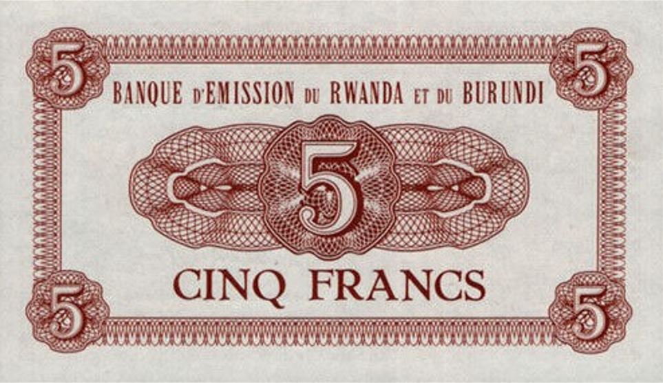 Back of Rwanda-Burundi p1a: 5 Francs from 1960