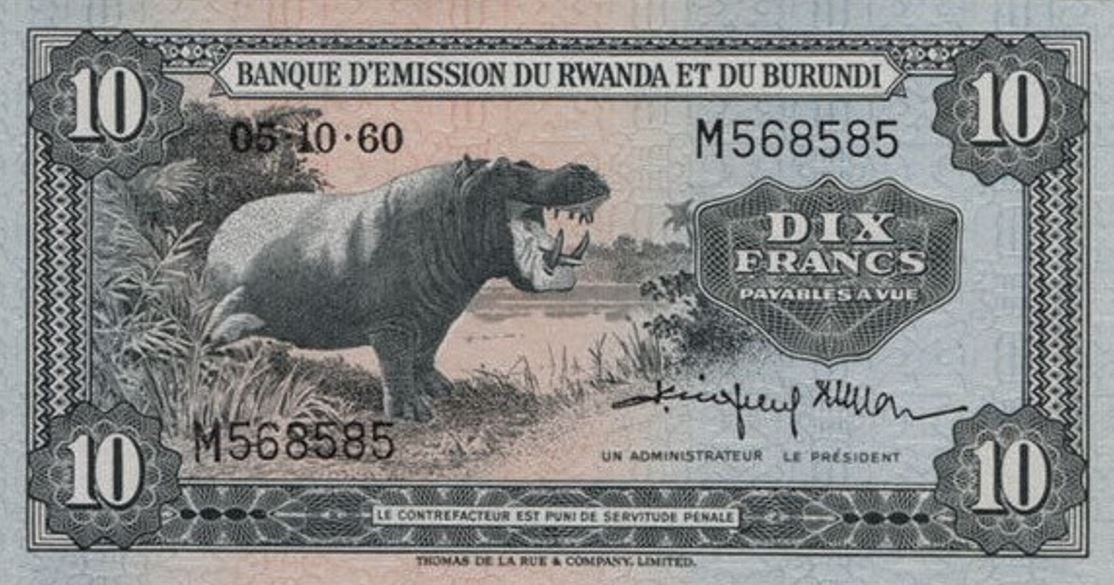 Front of Rwanda-Burundi p2a: 10 Francs from 1960
