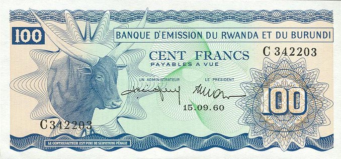 Front of Rwanda-Burundi p5a: 100 Francs from 1960