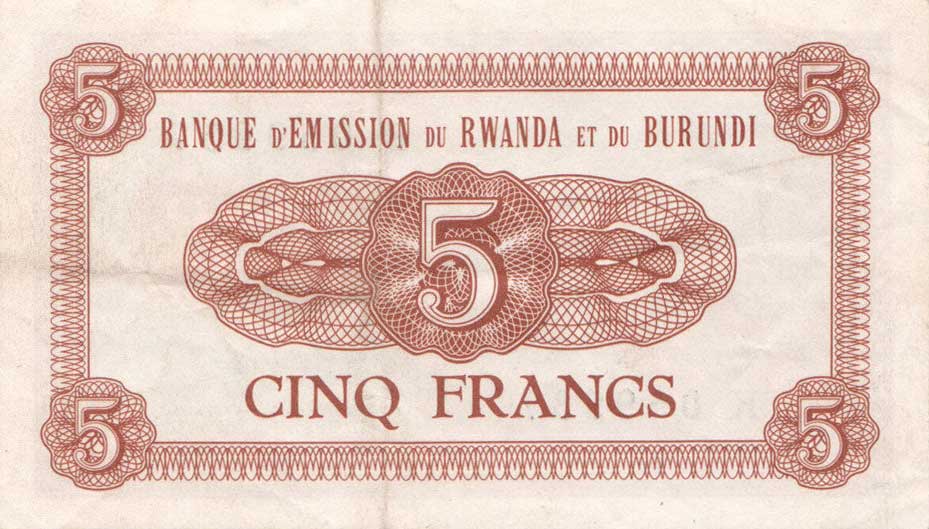 Back of Rwanda-Burundi p1b: 5 Francs from 1963