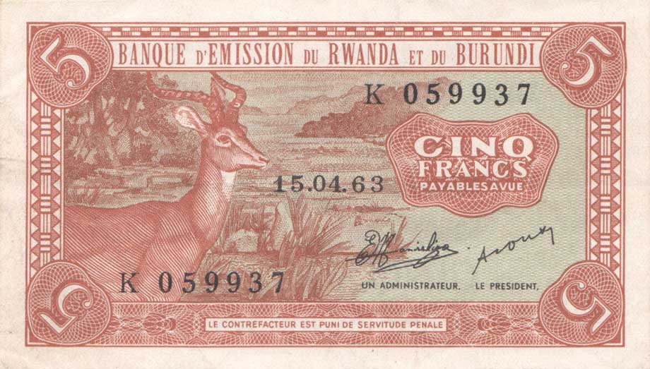 Front of Rwanda-Burundi p1b: 5 Francs from 1963