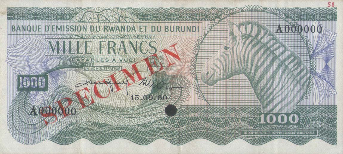 Front of Rwanda-Burundi p7s: 1000 Francs from 1960