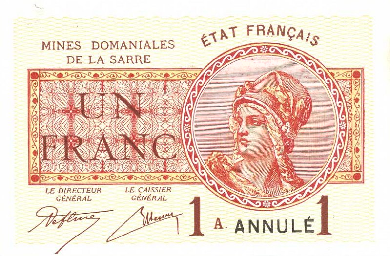 Front of Saar p2: 1 Franc from 1919