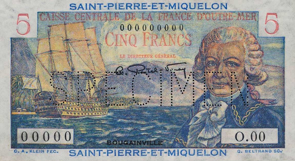 Front of Saint Pierre and Miquelon p22s: 5 Francs from 1950