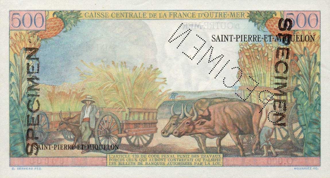 Back of Saint Pierre and Miquelon p27s: 500 Francs from 1950