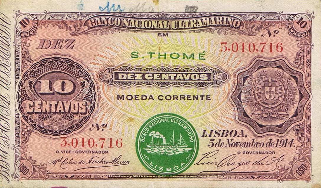 Front of Saint Thomas and Prince p13a: 10 Centavos from 1914
