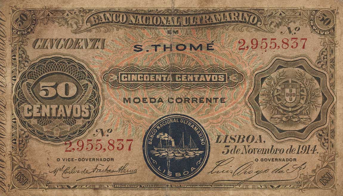 Front of Saint Thomas and Prince p15: 50 Centavos from 1914