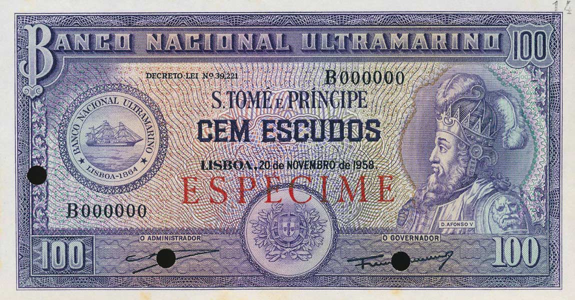 Front of Saint Thomas and Prince p38s: 100 Escudos from 1958