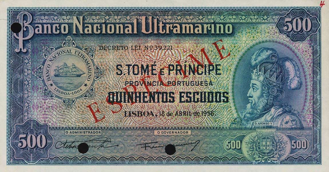 Front of Saint Thomas and Prince p39s: 500 Escudos from 1956