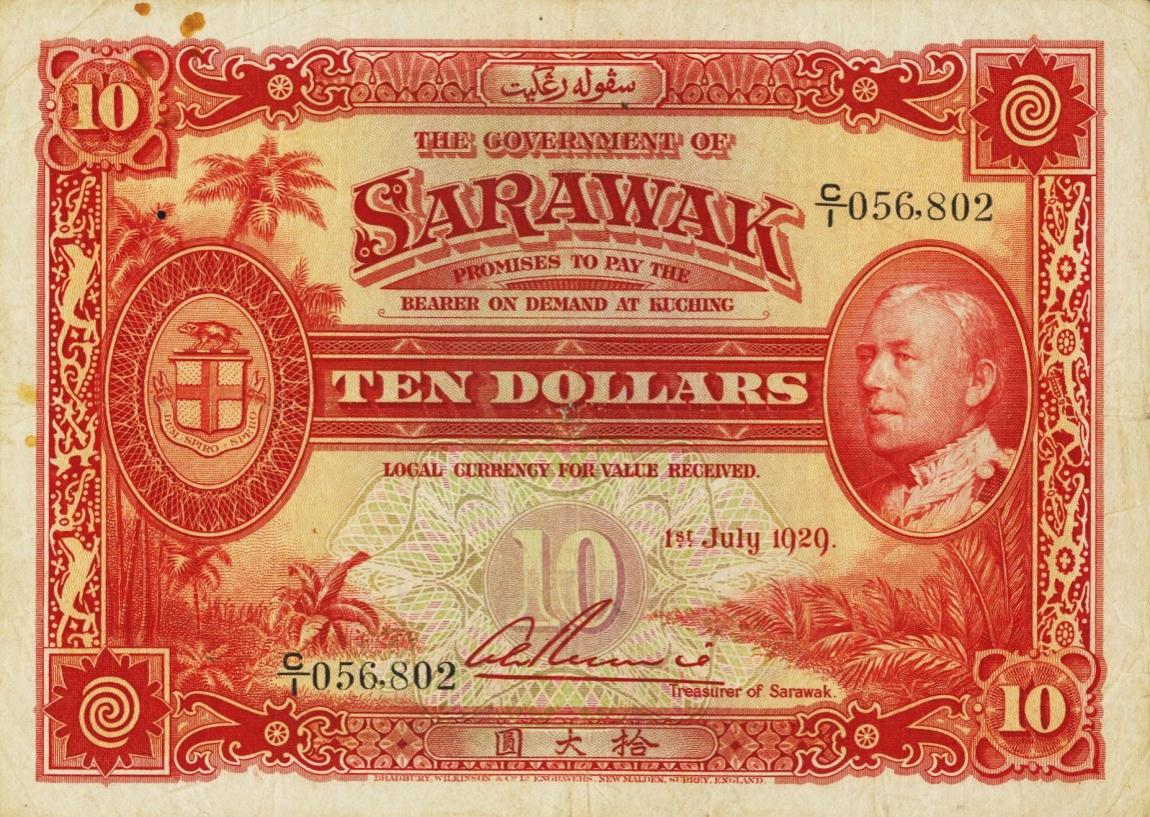 Front of Sarawak p16: 10 Dollars from 1929