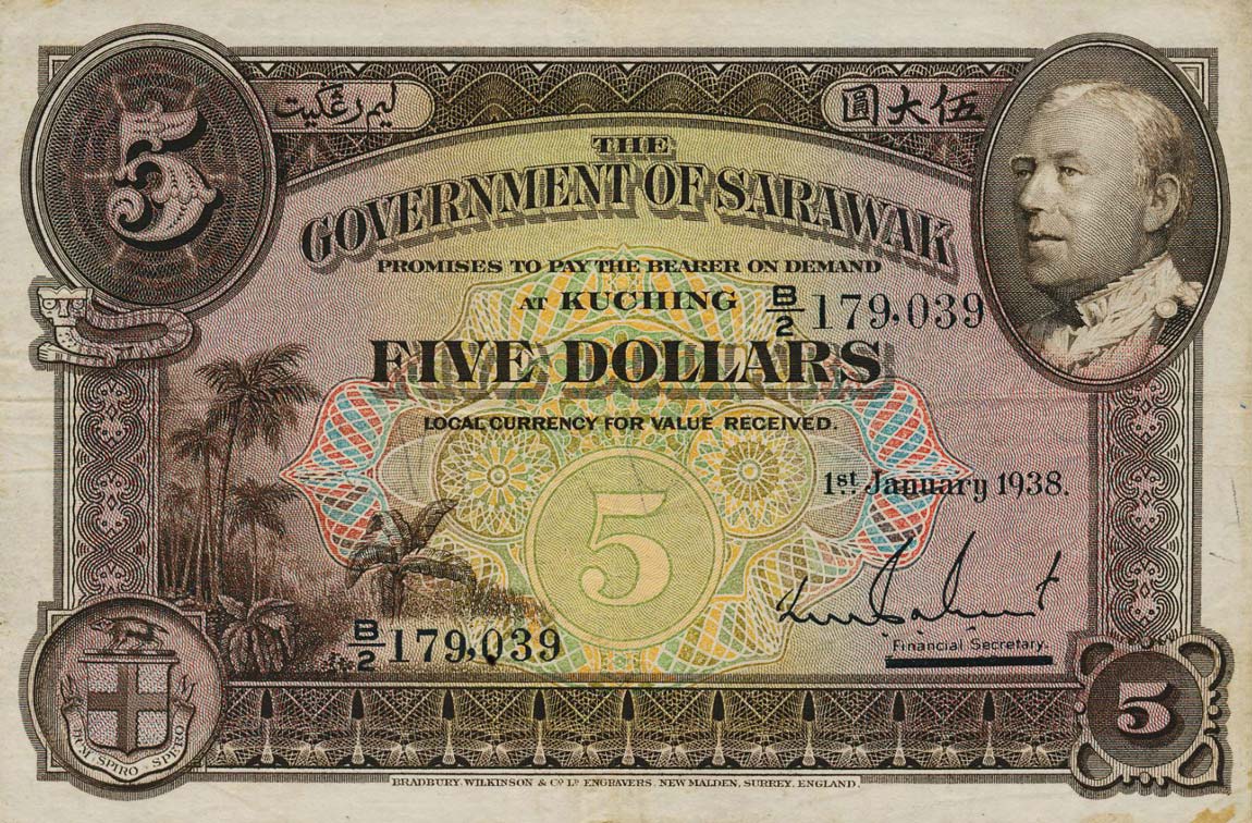 Front of Sarawak p21: 5 Dollars from 1938