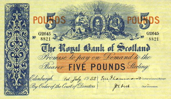 Front of Scotland p323a: 5 Pounds from 1952