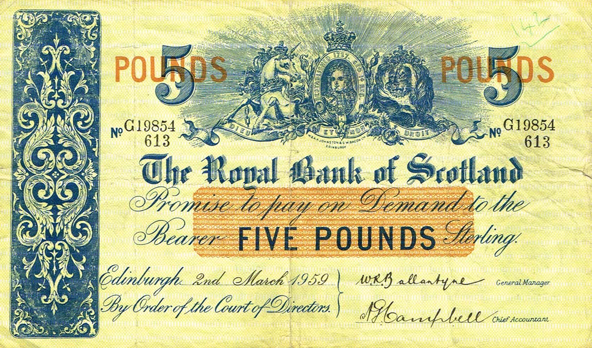 Front of Scotland p323c: 5 Pounds from 1955