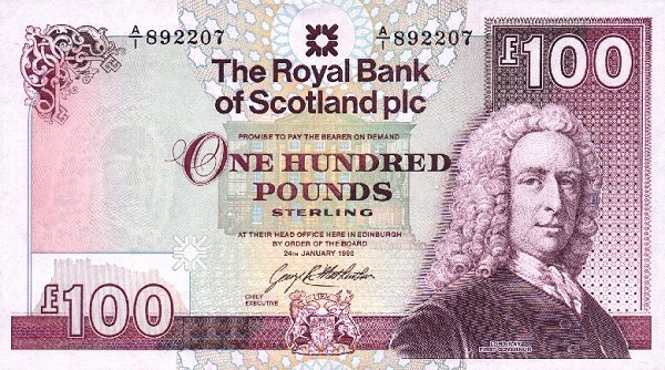 Front of Scotland p350b: 100 Pounds from 1992