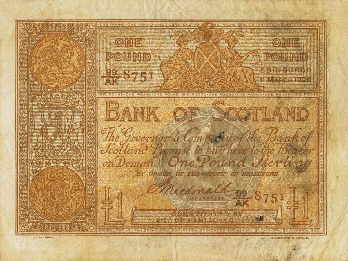 Front of Scotland p81c: 1 Pound from 1920