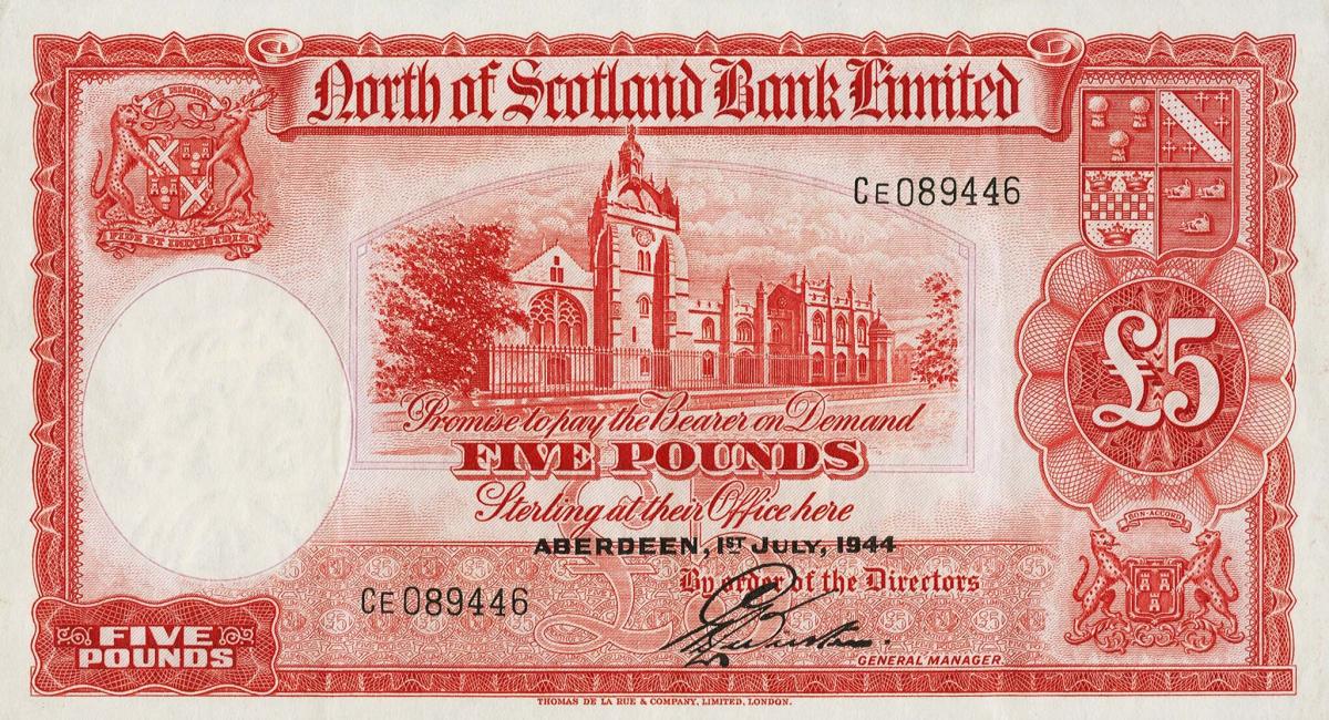 Front of Scotland pS645: 5 Pounds from 1938