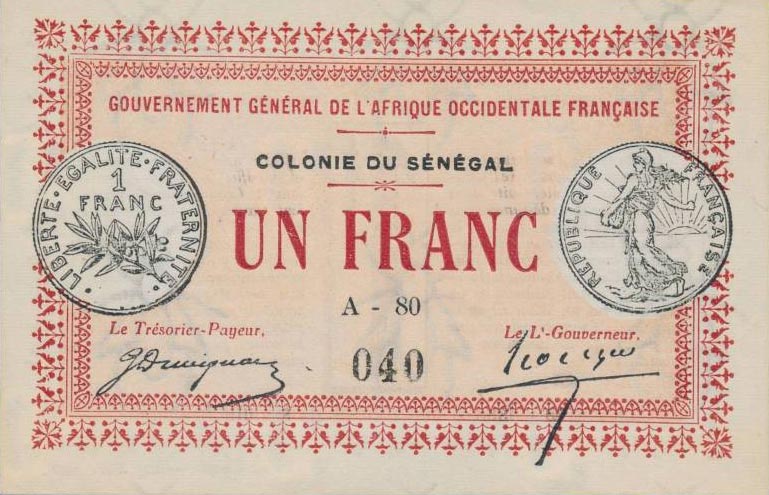 Front of Senegal p2b: 1 Franc from 1917