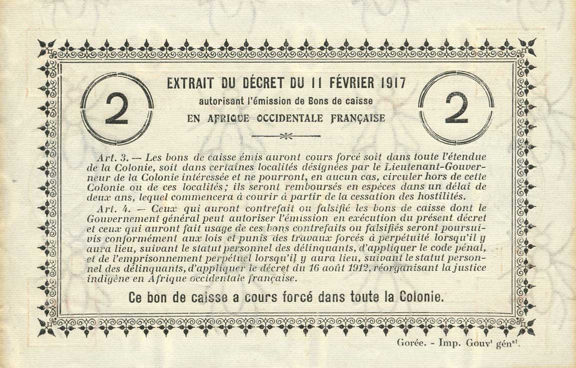 Back of Senegal p3a: 2 Francs from 1917