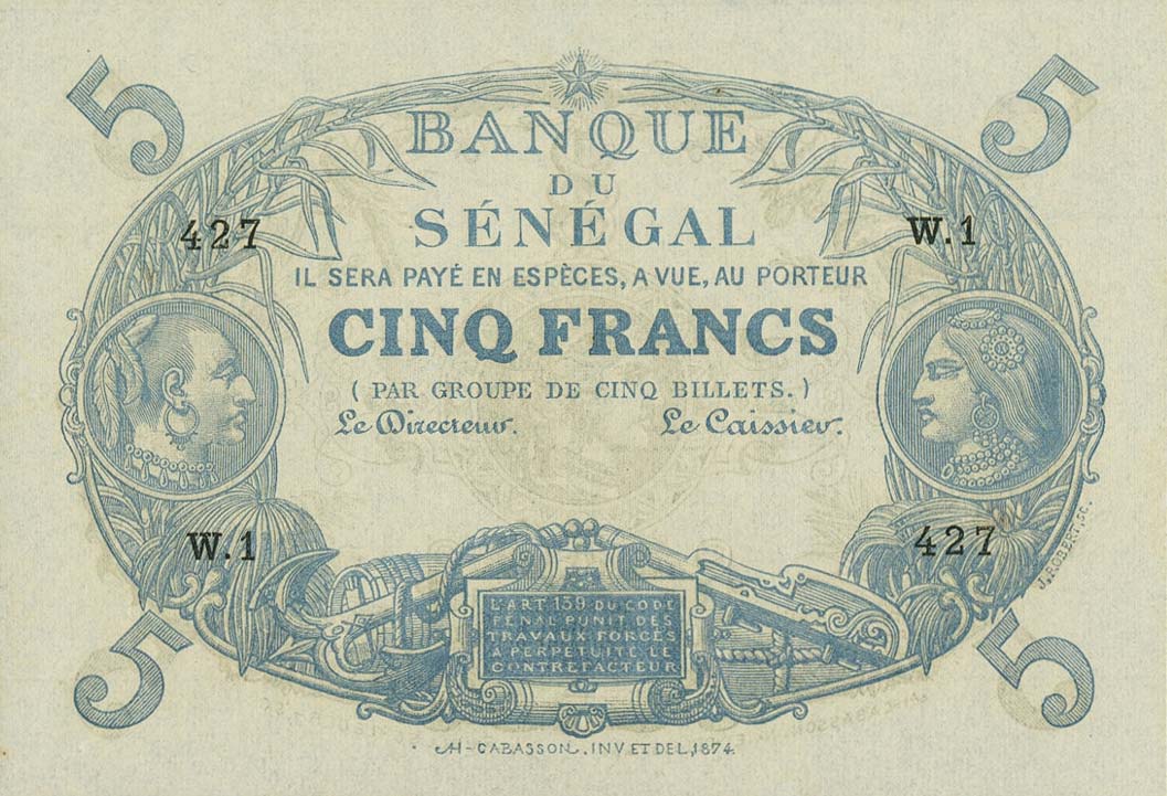 Front of Senegal pA1: 5 Francs from 1874