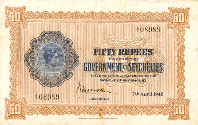 Front of Seychelles p10: 50 Rupees from 1942