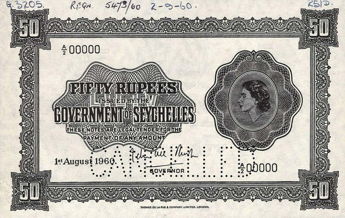 Front of Seychelles p13s: 50 Rupees from 1954