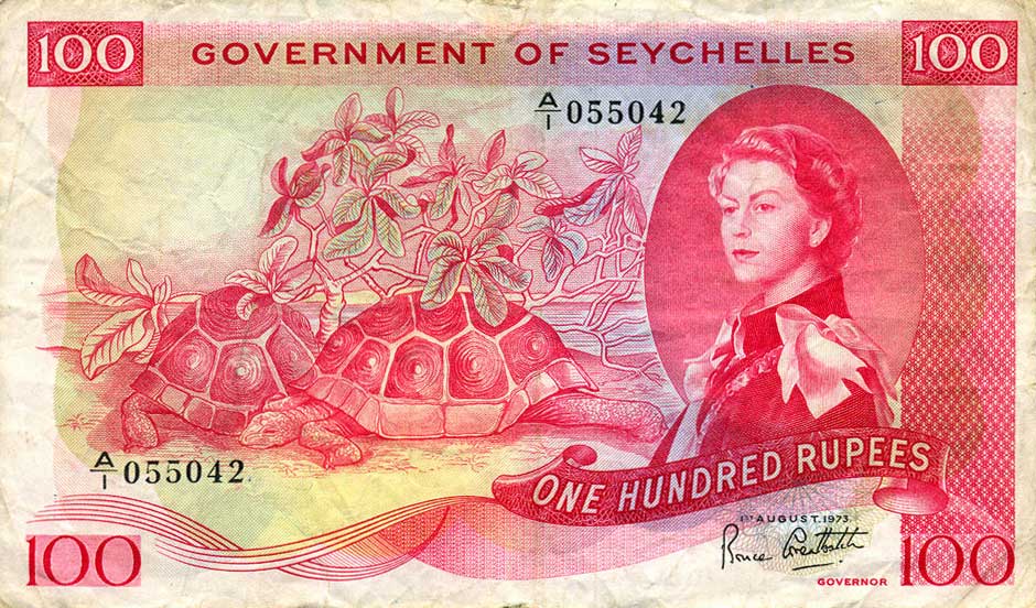 Front of Seychelles p18d: 100 Rupees from 1973