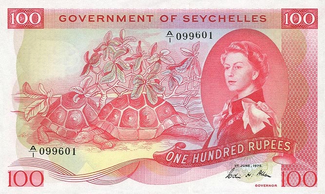 Front of Seychelles p18e: 100 Rupees from 1975