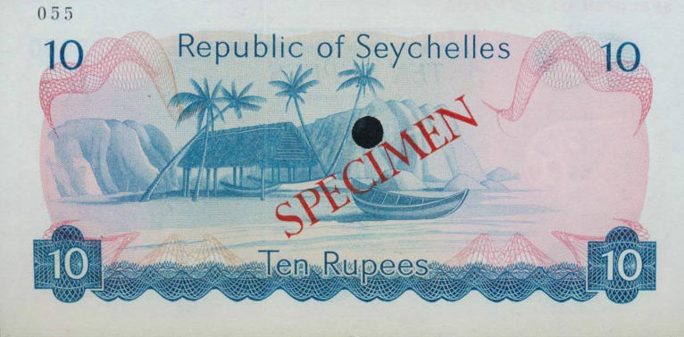 Back of Seychelles p19s: 10 Rupees from 1976