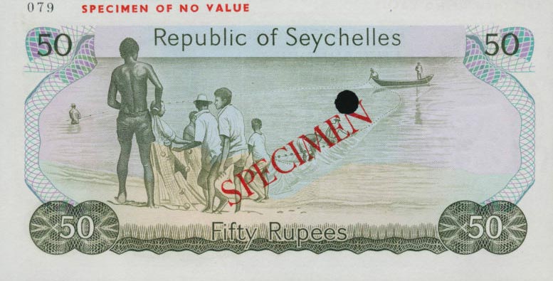 Back of Seychelles p21s: 50 Rupees from 1977