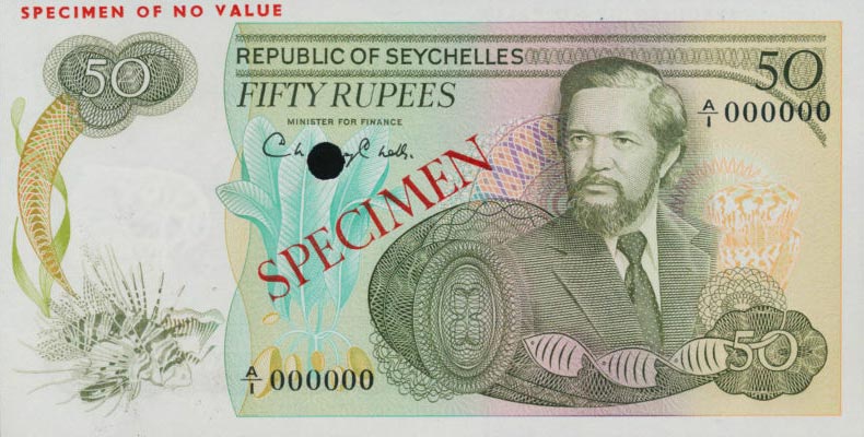 Front of Seychelles p21s: 50 Rupees from 1977