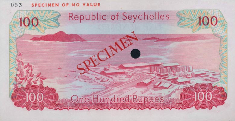 Back of Seychelles p22s: 100 Rupees from 1977