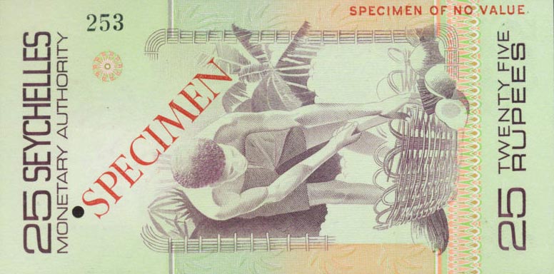 Back of Seychelles p24s: 25 Rupees from 1979