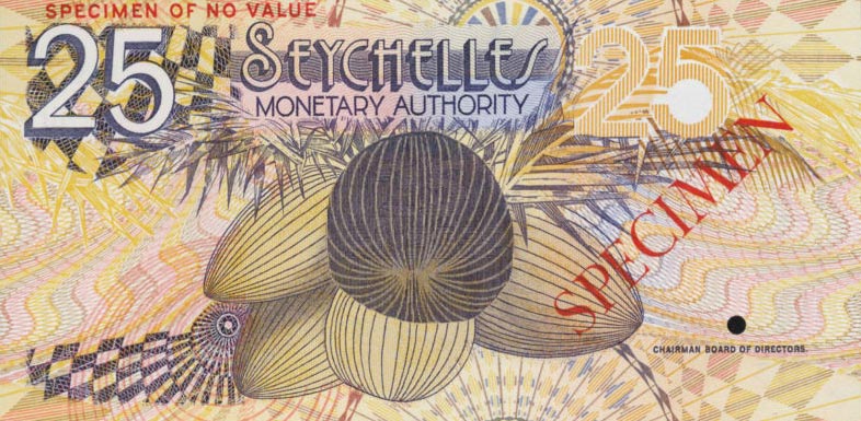 Front of Seychelles p24s: 25 Rupees from 1979