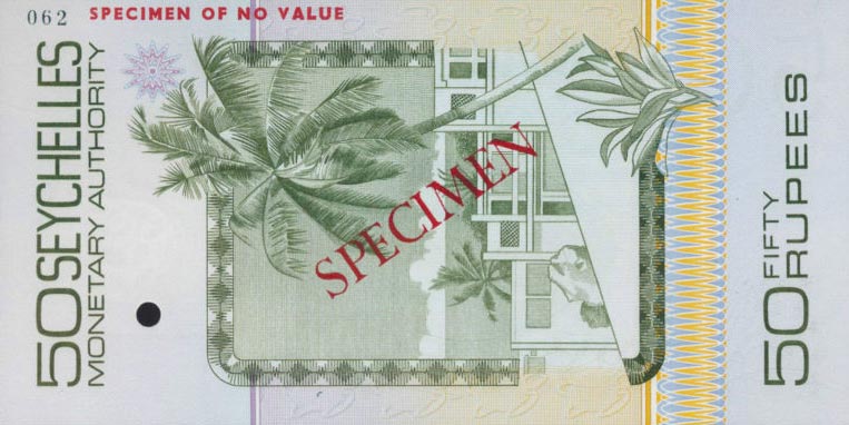 Back of Seychelles p25s: 50 Rupees from 1979